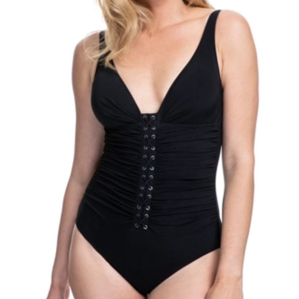Profile by Gottex Women's Black Plunging Lace Up V-Neck Moto One Piece Swimsuit